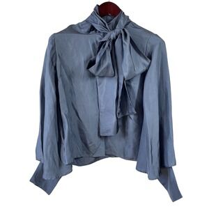 NWT Anthropologie Mille 100% Silk Blouse Womens S Gray Neck Bow Drapped Sleeves